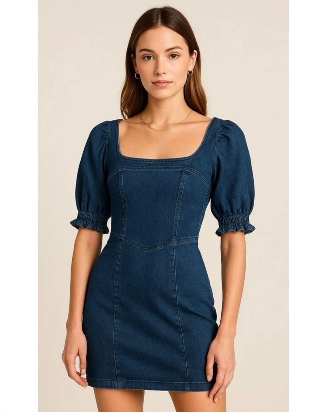 Betsy Johnson Denim Jean Mini Puff Sleeve Square Neck Boho Western Cowgirl Dress